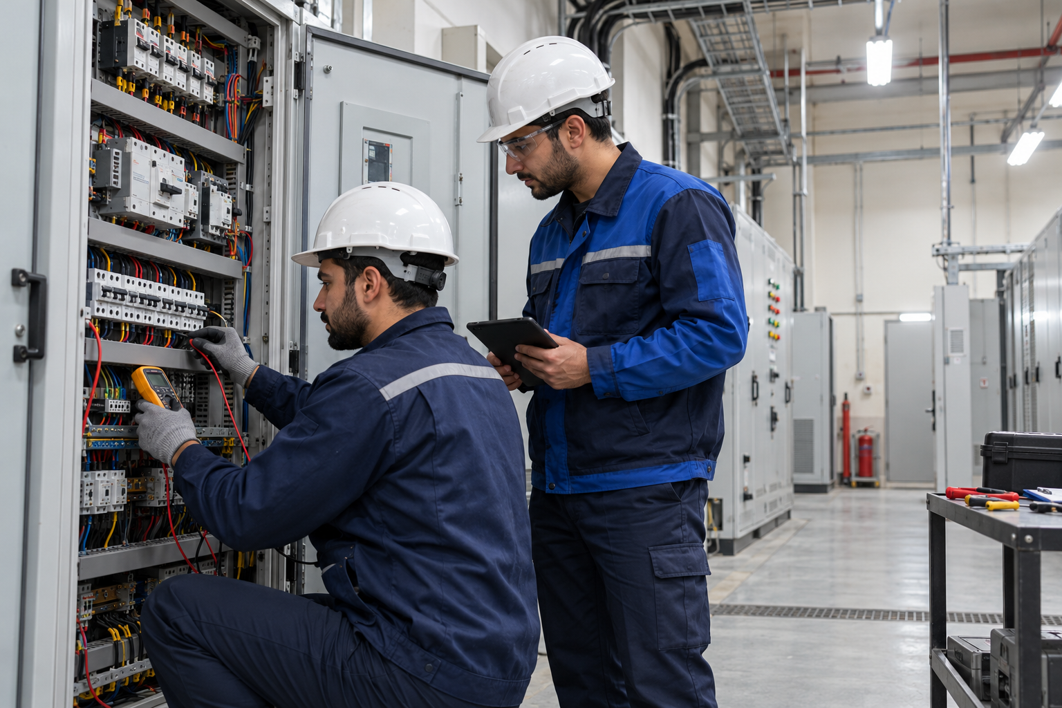 تصویر نمایشی از دو مهندس در حال بررسی تابلو برق